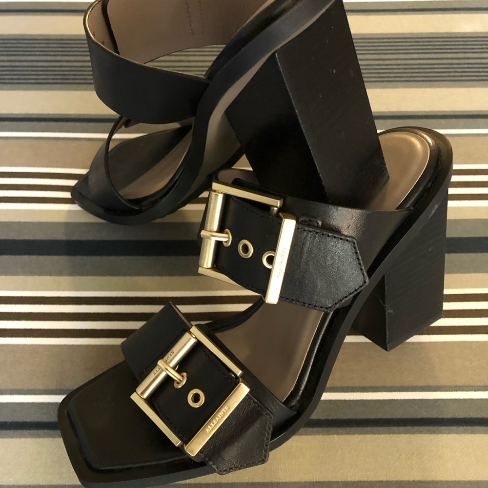 All Saints Black Leather Sandals with Gold Buckles